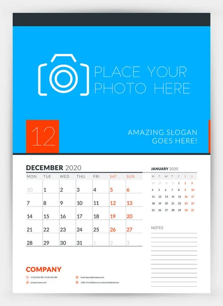 Wall calendar planner template for December 2020. Week starts on Monday. Typographic design template. Vector illustration — Stock Vector