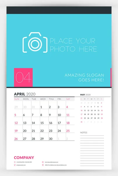 Wall calendar planner template for April 2020. Week starts on Sunday. Typographic design template. Vector illustration — Stock Vector