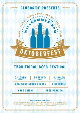 Oktoberfest bira festivali kutlaması. Bira partisi için tipografi posteri veya el ilanı şablonu. Geleneksel Bavyera keten bayrak arka plan vintage bira etiketi