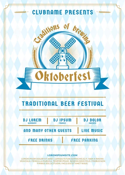 Oktoberfest beer festival celebration. Typography poster or flyer template for beer party. Vintage beer label on the traditional Bavarian linen flag background — Stock Vector