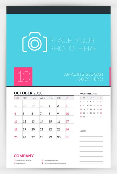 Wall Calendar Planner mall för oktober 2020. Veckan börjar på söndagen. Typografisk formgivningsmall. Vektor illustration — Stock vektor