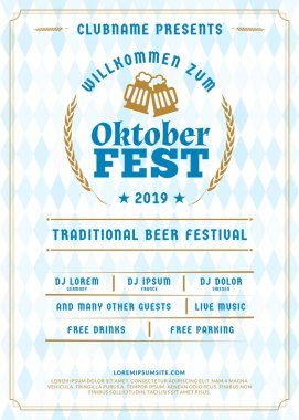 Oktoberfest bira festivali kutlaması. Bira partisi için tipografi posteri veya el ilanı şablonu. Geleneksel Bavyera keten bayrak arka plan vintage bira etiketi