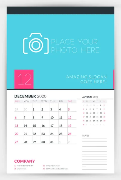 Wall calendar planner template for December 2020. Week starts on Sunday. Typographic design template. Vector illustration — Stock Vector