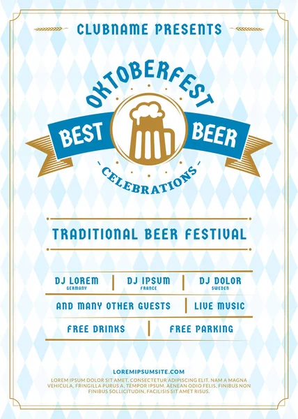 オクトーバーフェストビールフェスティバルのお祝い。ビールパーティーのためのタイポグラフィポスターやチラシテンプレート。伝統的なバイエルンのリネンフラグの背景にヴィンテージビールラベル — ストックベクタ