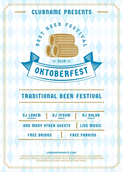 オクトーバーフェストビールフェスティバルのお祝い。ビールパーティーのためのタイポグラフィポスターやチラシテンプレート。伝統的なバイエルンのリネンフラグの背景にヴィンテージビールラベル — ストックベクタ