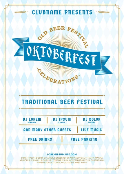 Празднование пива Октоберфест. Типографический плакат или шаблон флаера для пивной вечеринки. Винтажная этикетка пива на фоне баварского льняного флага — стоковый вектор