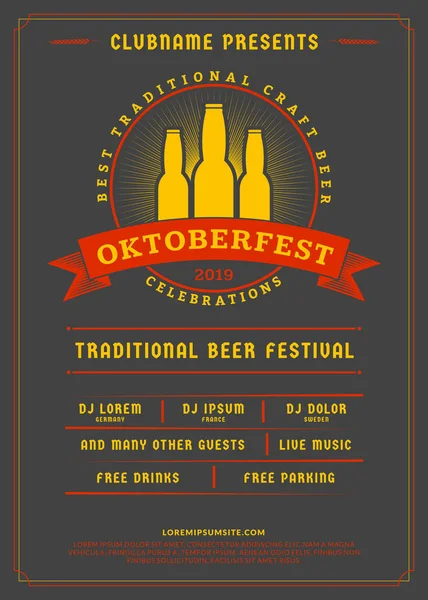 オクトーバーフェストビールフェスティバルのお祝い。ビールパーティーのためのタイポグラフィポスターやチラシテンプレート。ヴィンテージビールラベル — ストックベクタ