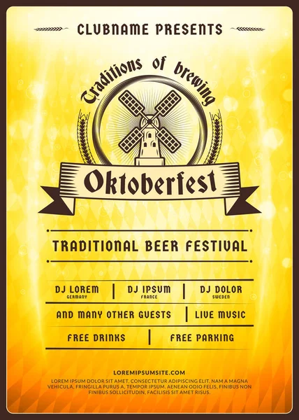 オクトーバーフェスト ビール祭り祭典。ビール党のタイポグラフィのポスターやチラシのテンプレートです。光の効果で、黄金のビール背景にビンテージ ビール ラベル — ストックベクタ
