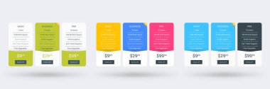 Web siteleri ve uygulamalar için fiyatlandırma tablosu tasarım şablonu. Üç farklı renk varyasyonları kümesi. Vektör fiyatlandırma planları. Düz stil vektör çizimi