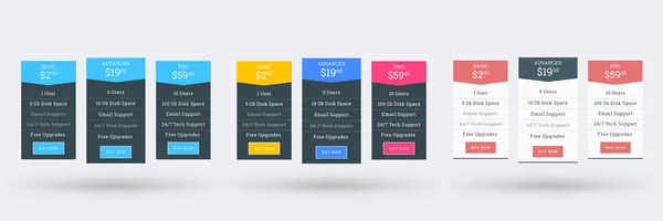 Šablona návrhu cenové tabulky pro weby a aplikace. Sada tří různých variant barev. Vektorové cenové plány. Plochý vektor – ilustrace — Stockový vektor