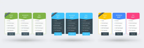 Pricing table design template for websites and applications. Set of three different color variations. Vector pricing plans. Flat style vector illustration — Stock Vector