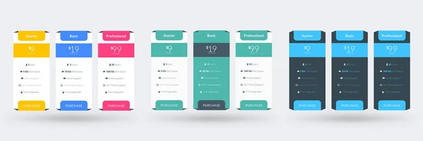 Pricing table design template for websites and applications. Set of three different color variations. Vector pricing plans. Flat style vector illustration — Stock Vector