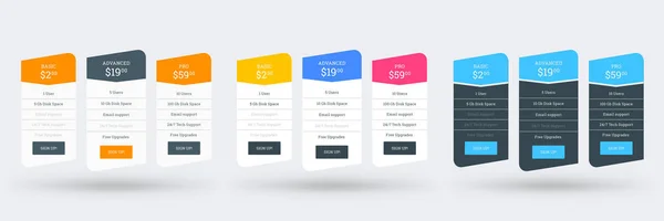Pricing table design template for websites and applications. Set of three different color variations. Vector pricing plans. Flat style vector illustration — Stock Vector