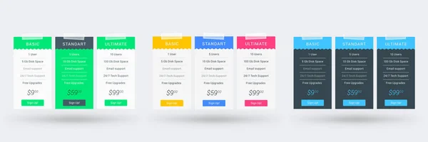 Pricing table design template for websites and applications. Set of three different color variations. Vector pricing plans. Flat style vector illustration — Stock Vector