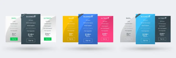 Plantilla de diseño de tabla de precios para sitios web y aplicaciones. Conjunto de tres variaciones de color diferentes. Planes de precios vectoriales. Ilustración de vector de estilo plano — Vector de stock