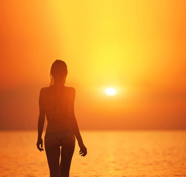 Sylwetka pięknej kobiety przed morze i zachód słońca — Zdjęcie stockowe