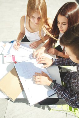 Üç mutlu lise öğrencisinin en iyi görüntüsü. Öğrenci arkadaşlar öğrenir, ödevlerini birlikte yapar, zaman geçirir ve eğlenirler. Adam kızlara bir şey anlatıyor ve defterinde yazıyor.