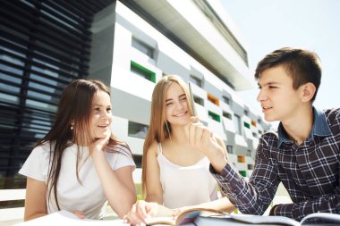 Erkek öğrenci kızlara bir şey izah eder ve deftere yazar. Üç mutlu lise öğrencisinin portresi. Öğrenci arkadaşlar öğrenir, ödevlerini birlikte yapar, vakit geçirir ve eğlenirler..