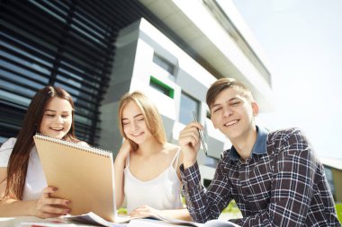 Erkek öğrenci kızlara bir şey izah eder ve deftere yazar. Üç mutlu lise öğrencisinin portresi. Öğrenci arkadaşlar öğrenir, ödevlerini birlikte yapar, vakit geçirir ve eğlenirler..