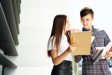 Erkek öğrenci kıza bir şey açıklar ve defterde gösterir. İki mutlu lise öğrencisinin portresi. Öğrenci arkadaşlar öğrenir, ödevlerini birlikte yapar, vakit geçirir ve eğlenirler..