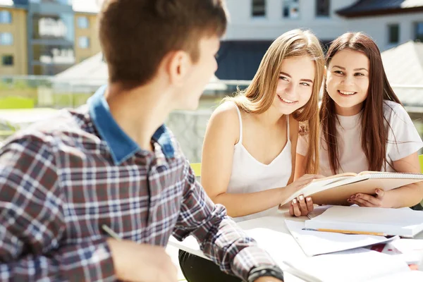 Üç lise öğrencisi. Öğrenci arkadaşlar öğrenir, ödevlerini birlikte yapar, dışarıda vakit geçirirler. Ön plandaki çocuk, kıza odaklan.