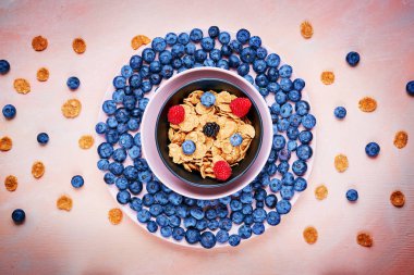 Pul ve yaban mersini ile bir tabak taze çilek ile sağlıklı kahvaltı kase