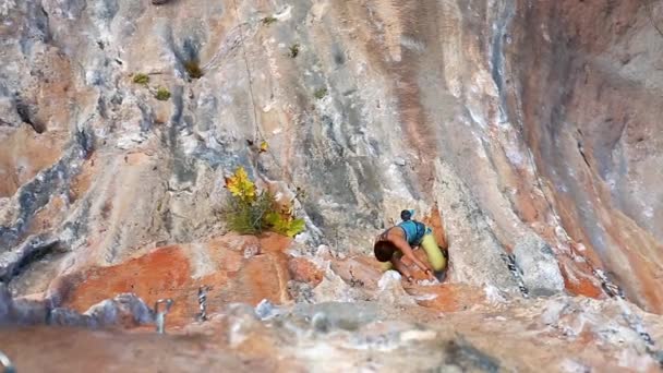 Mujer escaladora escalando en el acantilado — Vídeo de stock