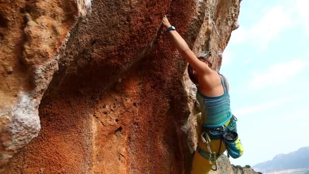 Kvinnlig bergsklättrare klättrar på klippan — Stockvideo