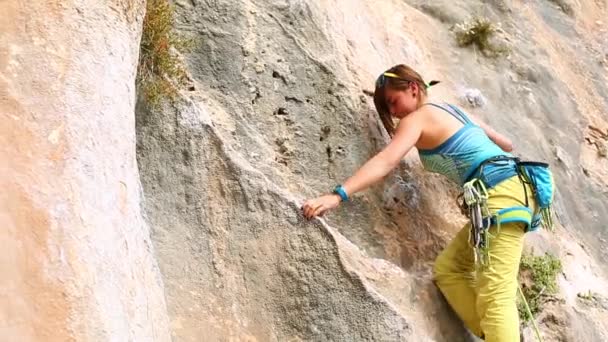 Woman rock climber climbing on the cliff — Stock Video