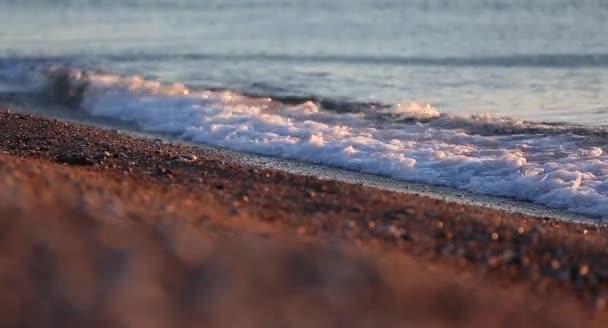 Beach with sea waves and pebbles at the sunrise — Stock Video