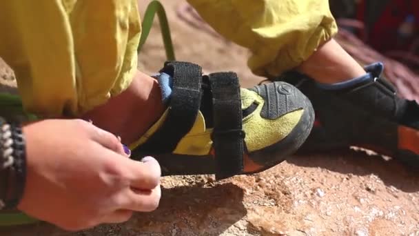 Woman climber and climbing gear. woman putting on climbing shoes and going to climb — Stock Video