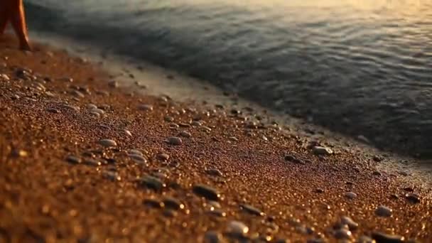 De benen van de dames op het strand. jonge vrouw komt bijeen zonsopgang op de zee — Stockvideo