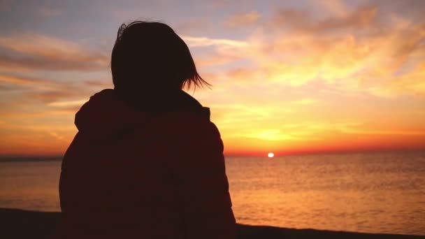 Силуэт молодой женщины, встречающей рассвет на морском пляже — стоковое видео