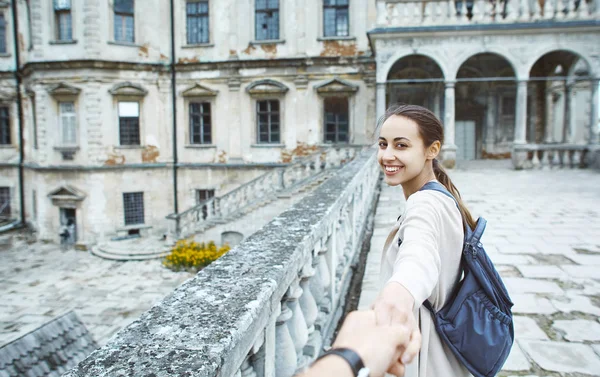 First Person View Woman Tourist Walking Make Sightseeing Old Historic — Stock Photo, Image