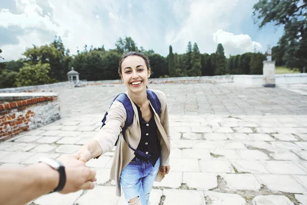 First Person View Woman Tourist Walking Make Sightseeing Old Historic — Stock Photo, Image