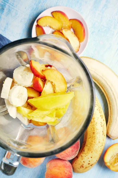 Ingredientes Para Smoothie Frutas Tropicais Com Manga Pêssego Banana Imagem — Fotografia de Stock