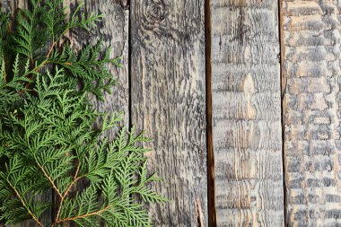 sert ahşap tahta arka plan ile çam dalları. Noel dekorasyonu. Üstten görünüm ile boşaltmak