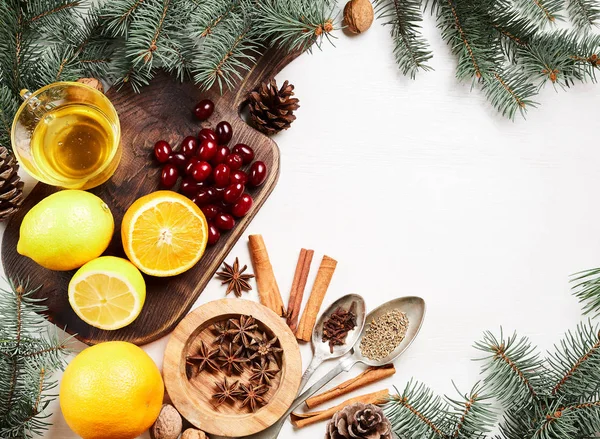 Flat Lay Ingredients Christmas Hot Mulled Red Wine Spices Fruits — Stock Photo, Image