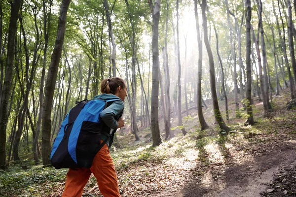 Donna attiva escursioni nella foresta — Foto Stock