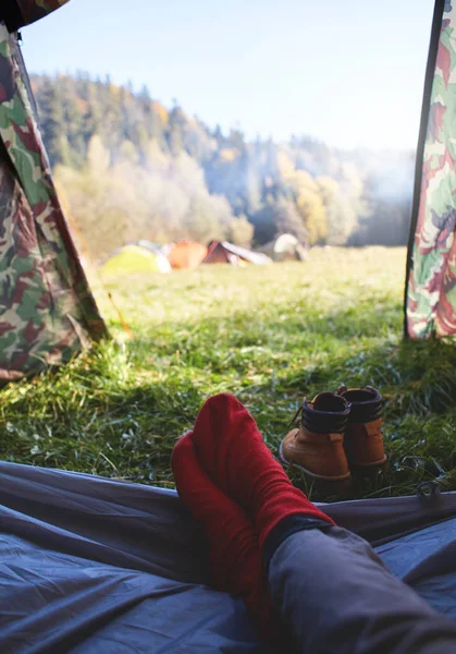 Første person utsyn fra teltet i campingplassen på et telt på et grønt gress i furuskog om høsten – stockfoto