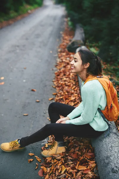 Menina viajante em botas amarelas e camisola de hortelã, sentado no grande tronco perto da estrada na floresta de outono — Fotografia de Stock