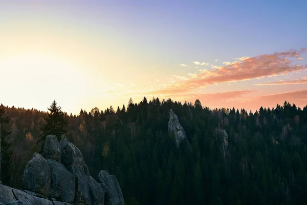 Východ slunce v národním parku nad lesem a skalami. vycházející slunce krásně svítí, vrcholky borovic a rock ridge — Stock fotografie