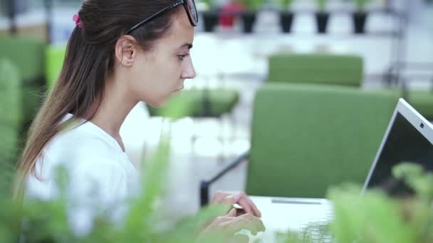 Jonge mooie zakenvrouw werken op laptop in helder modern kantoor — Stockvideo
