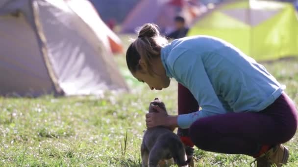Genç kadın kamp içinde yeşil çim üzerinde sevimli bir küçük köpek yavrusu ile oynuyor — Stok video