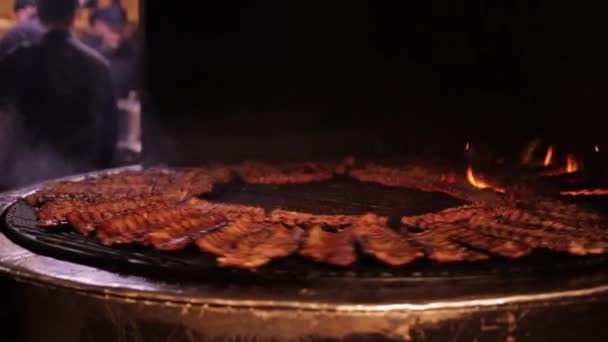 La carne se fríe en una parrilla grande. costillas de cerdo asando sobre un fuego en una enorme rejilla giratoria — Vídeos de Stock