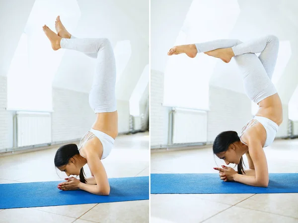 Mujer deportiva joven en ropa deportiva blanca haciendo pose de yoga en un gimnasio con fondo de pared blanca. Collage. — Foto de Stock
