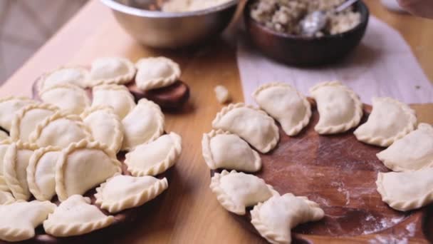 Close up female hands makes dumplings with minced meat. female cook quickly and skillfully makes dumplings, Vareniki - national Ukrainian dish, Traditional Ukrainian cuisine. — Stock Video