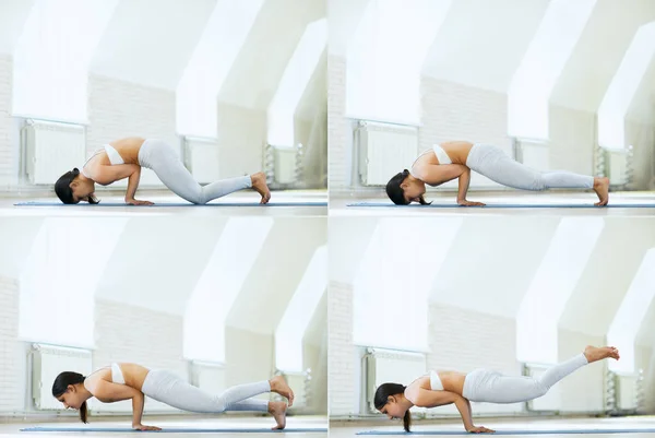 Jeune femme sportive en vêtements de sport blancs pratiquant le yoga, en faisant debout et équilibre pose Peacock yoga dans une salle de gym avec fond mural blanc. Collage. Vue latérale. — Photo