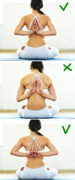 Young sporty woman in white sportswear sdoing beautiful yoga pose in a gym with sunlight background. Healthy lifestyle, morning exercises, meditation. Back view. Collage.