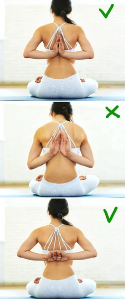 Young sporty woman in white sportswear sdoing beautiful yoga pose in a gym with sunlight background. Healthy lifestyle, morning exercises, meditation. Back view. Collage. stockfoto